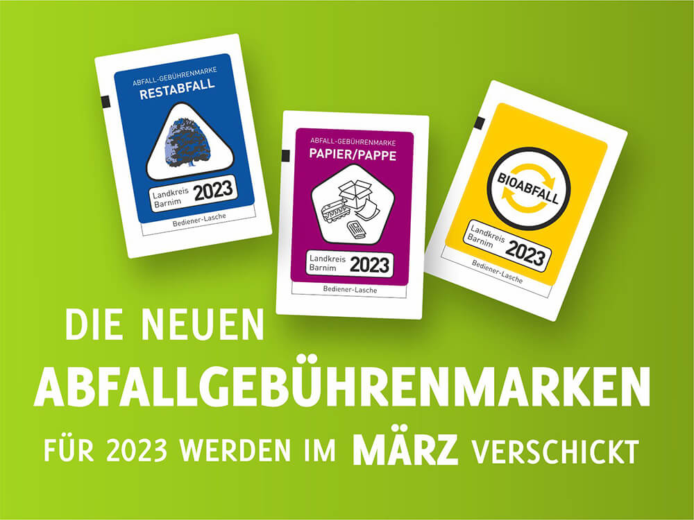 Abfallmarken 2023: blau, gelb und pink